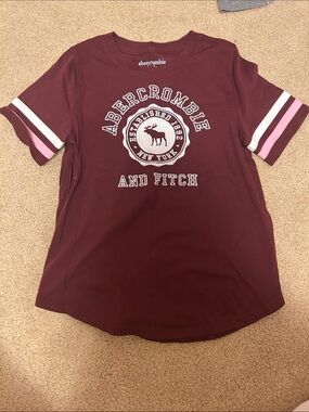 Abercrombie & Fitch Maroon Tee with Pink and White Sleeve Stripes